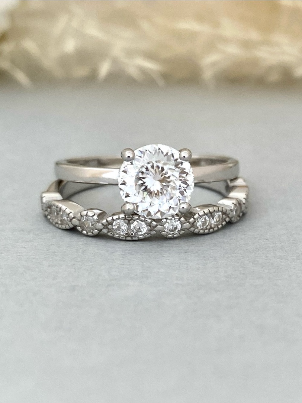 Sterling Silver Round 100 Facet Moissanite Hidden Halo 2pc Wedding Band Ring Set